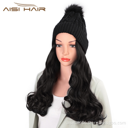 Aisi Hair Synthetic Nature Black Long Wavy Body Wave Cap Hair Heat Resistant Fiber Hair Extension With Cap For Black White Women